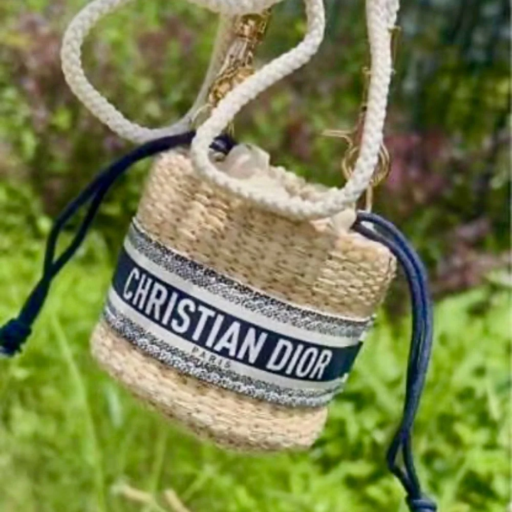 Dior Straw Drawstring Mini Pouch or Mini Bucket Bag in Cream and Blue NWB GWP - Picture 7 of 13